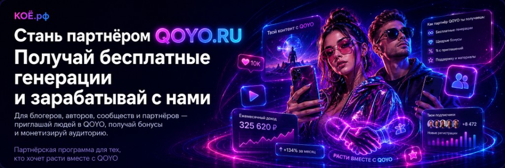 Стань партнёром QOYO.RU — получай бесплатные генерации и зарабатывай